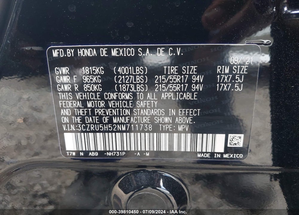 2022 HONDA HR-V 2WD EX VIN: 3CZRU5H52NM711738