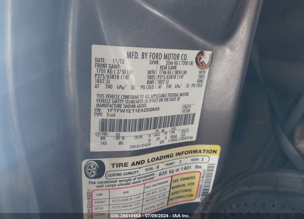 2014 FORD F-150 XLT VIN: 1FTFW1ET1EKD02605