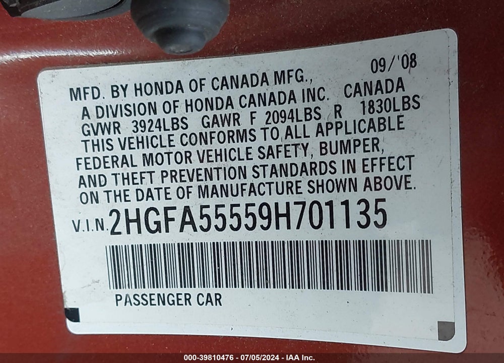 2009 HONDA CIVIC SI VIN: 2HGFA55559H701135