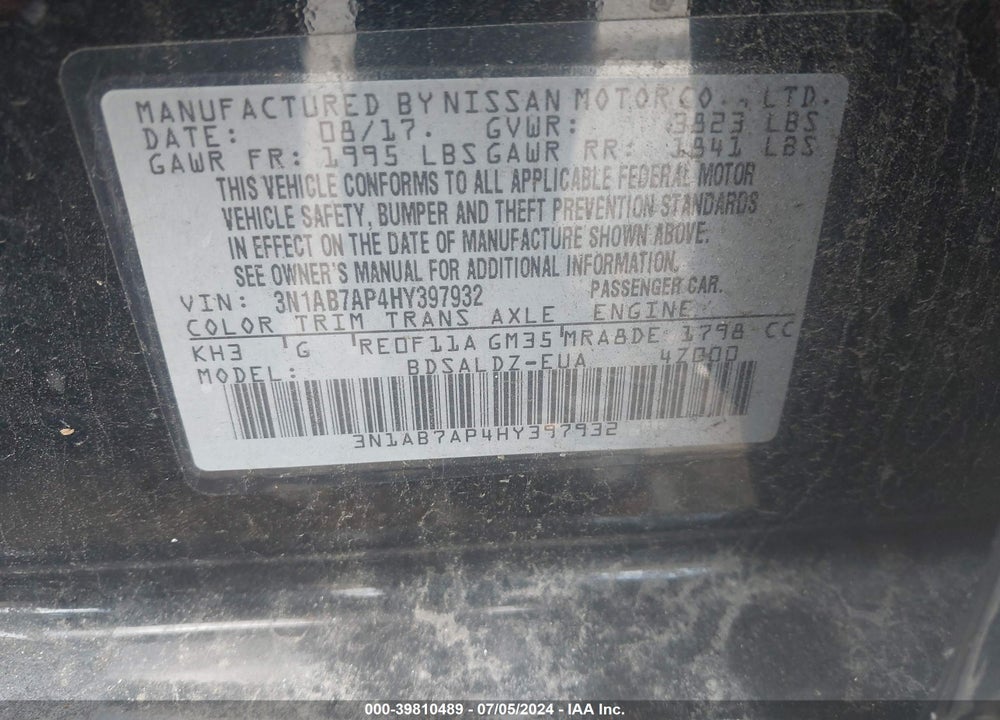 2017 NISSAN SENTRA VIN: 3N1AB7AP4HY397932