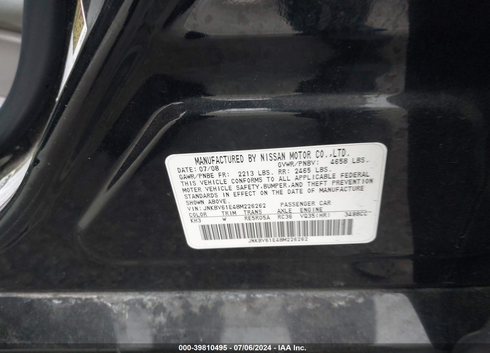 2008 INFINITI G35 JOURNEY VIN: JNKBV61E48M226262