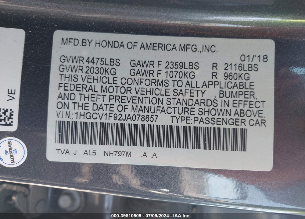 2018 HONDA ACCORD TOURING VIN: 1HGCV1F92JA078657