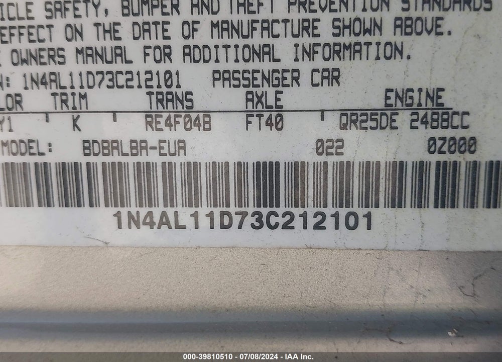2003 NISSAN ALTIMA VIN: 1N4AL11D73C212101