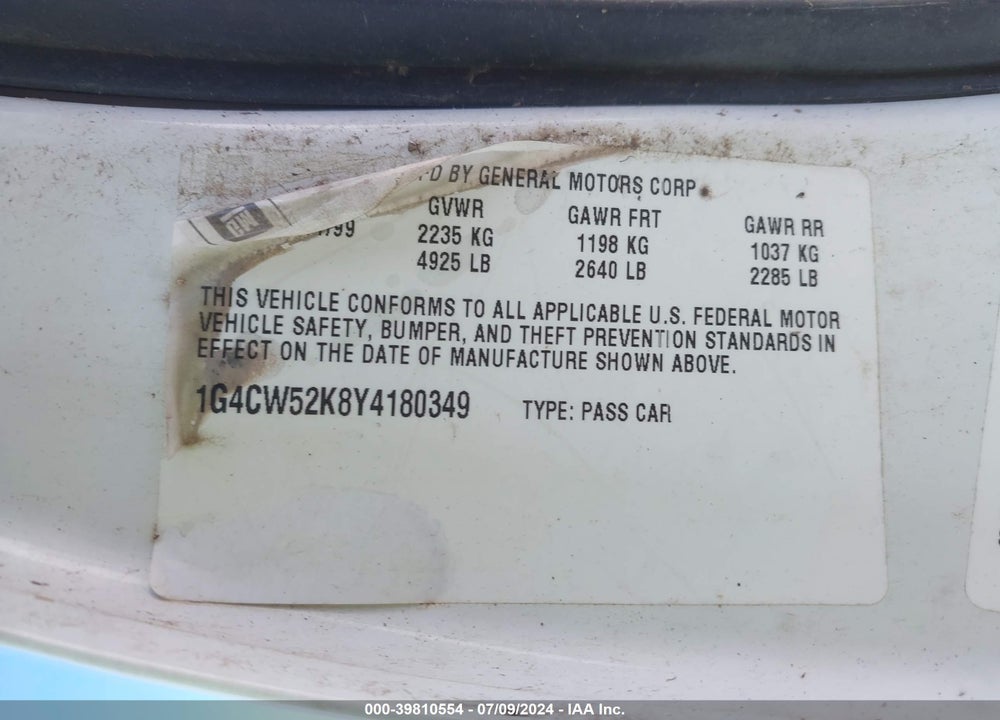 2000 BUICK PARK AVENUE VIN: 1G4CW52K8Y4180349