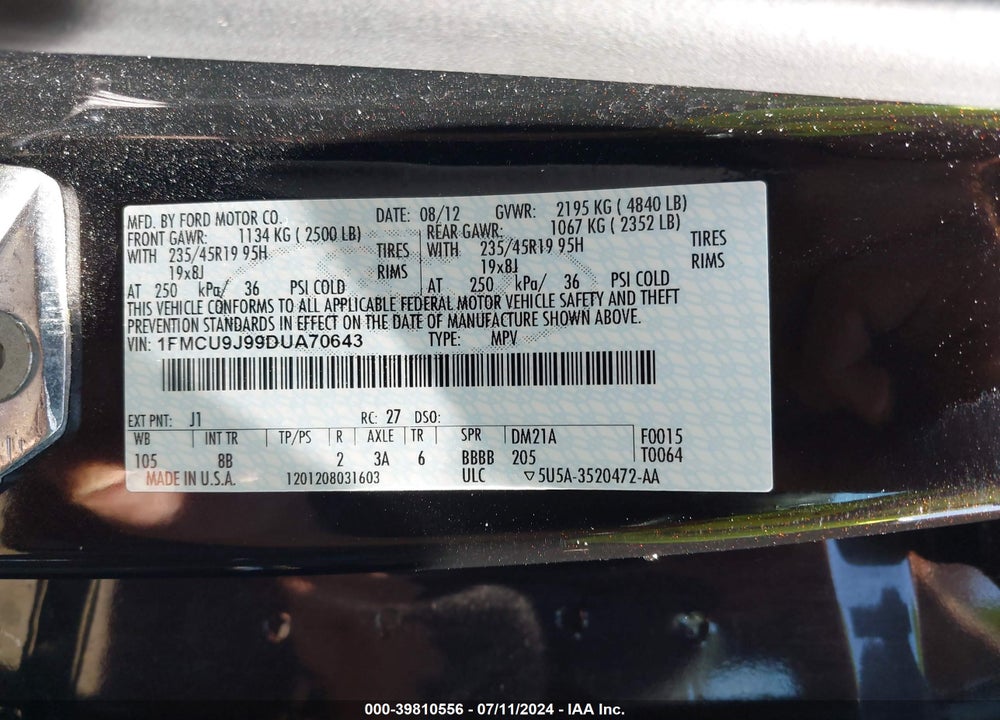 2013 FORD ESCAPE TITANIUM VIN: 1FMCU9J99DUA70643