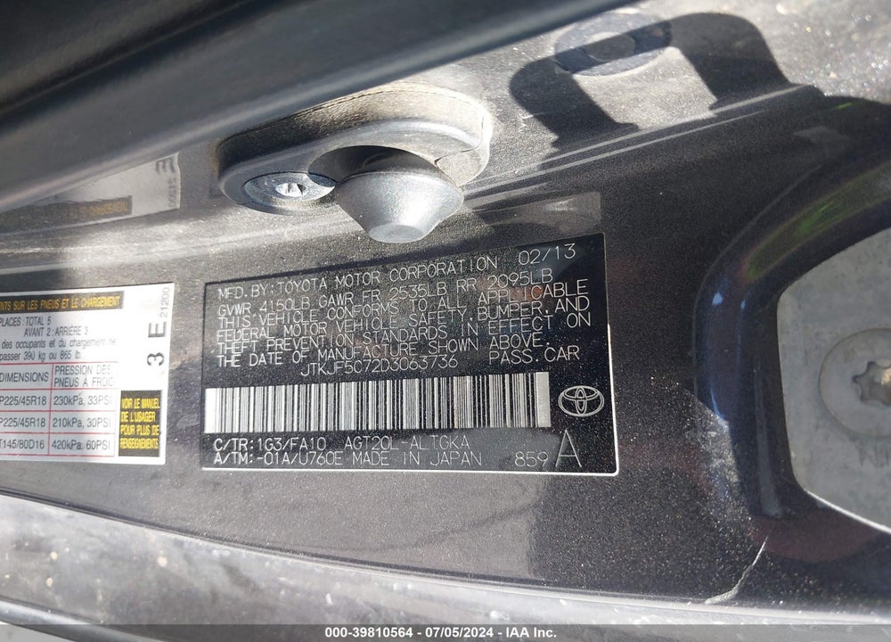 2013 SCION TC VIN: JTKJF5C72D3063736