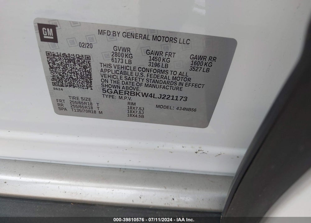 2020 BUICK ENCLAVE FWD ESSENCE VIN: 5GAERBKW4LJ221173