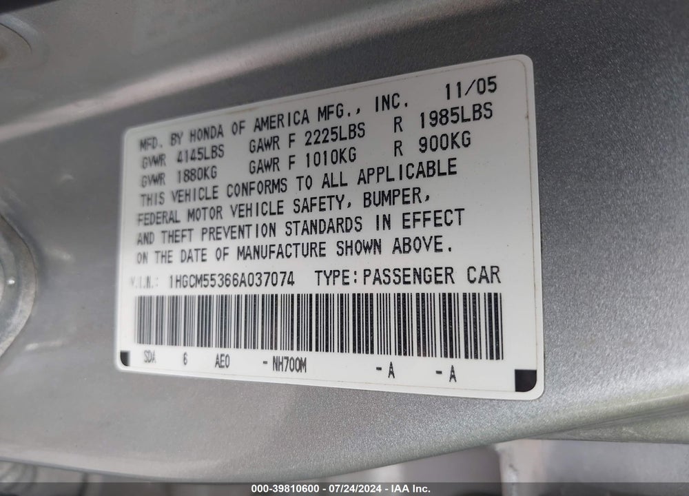 2006 HONDA ACCORD 2.4 SE VIN: 1HGCM55366A037074