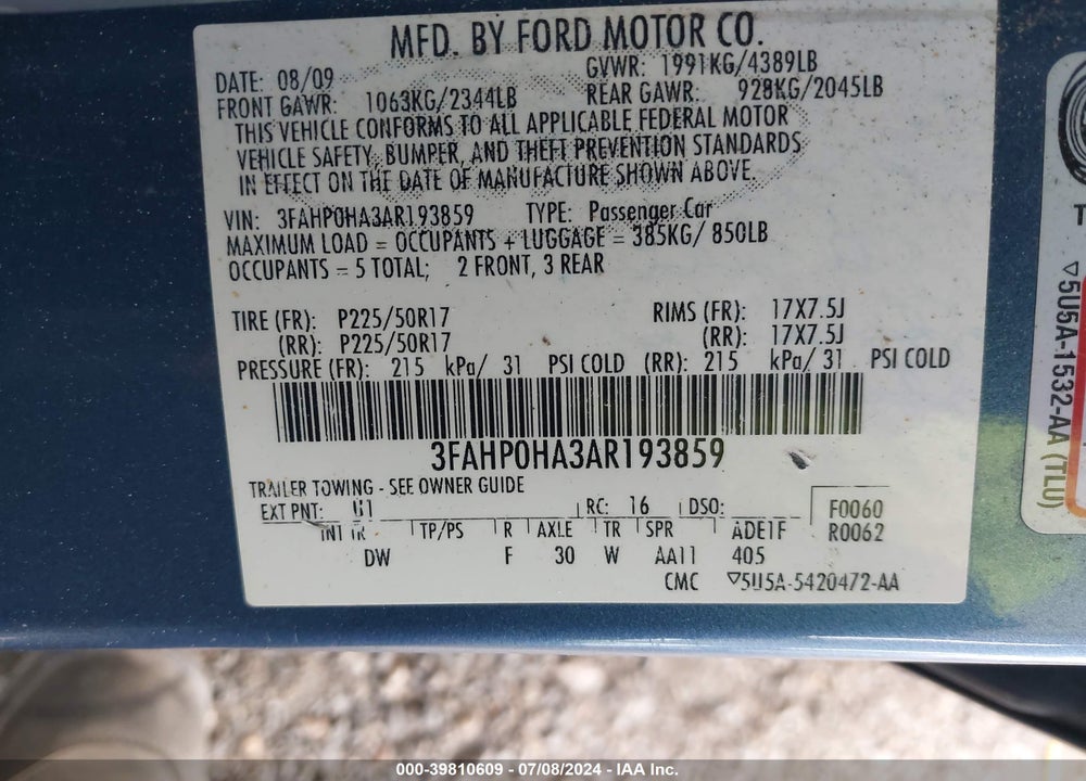 2010 FORD FUSION VIN: 3FAHP0HA3AR193859