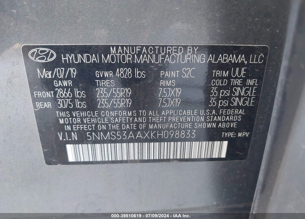 2019 HYUNDAI SANTA FE LIMITED 2.0T VIN: 5NMS53AAXKH098833