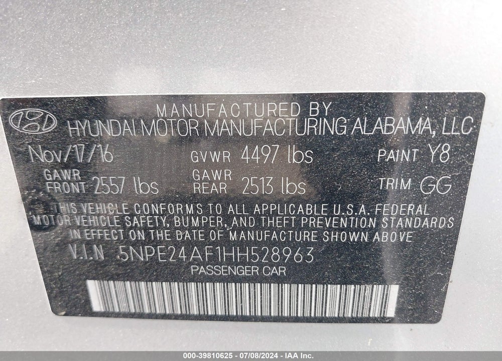 2017 HYUNDAI SONATA VIN: 5NPE24AF1HH528963
