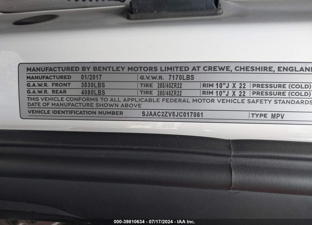 2018 BENTLEY BENTAYGA ACTIVITY EDITION/BLACK EDITION/MULLINER/ONYX EDITION/W12 VIN: SJAAC2ZV5JC017061