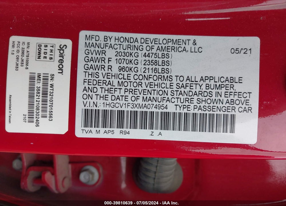2021 HONDA ACCORD SPORT VIN: 1HGCV1F3XMA074954