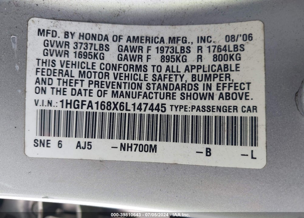 2006 HONDA CIVIC EX VIN: 1HGFA168X6L147445