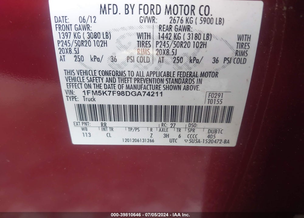 2013 FORD EXPLORER VIN: 1FM5K7F98DGA74211