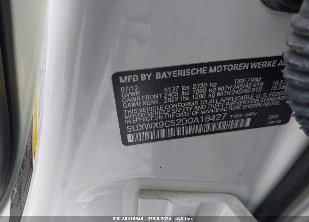 2013 BMW X3 XDRIVE28I VIN: 5UXWX9C52D0A18427