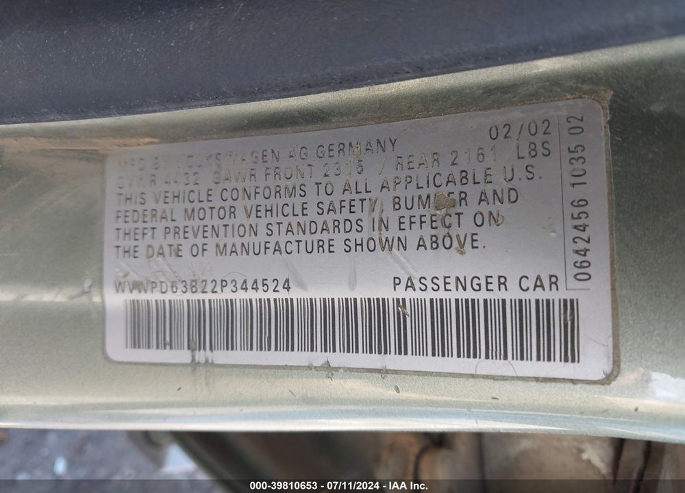2002 VOLKSWAGEN PASSAT GLS VIN: WVWPD63B22P344524
