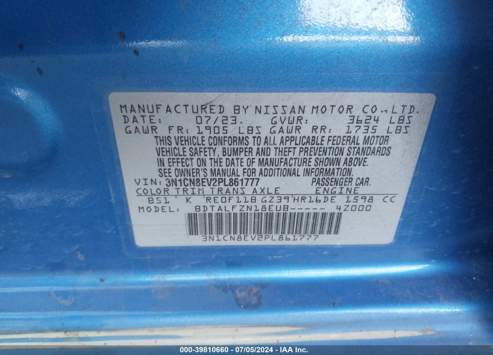 2023 NISSAN VERSA 1.6 SV XTRONIC CVT VIN: 3N1CN8EV2PL861777