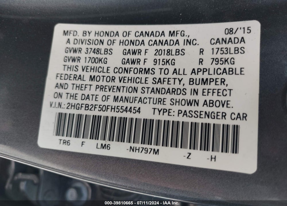 2015 HONDA CIVIC LX VIN: 2HGFB2F50FH554454