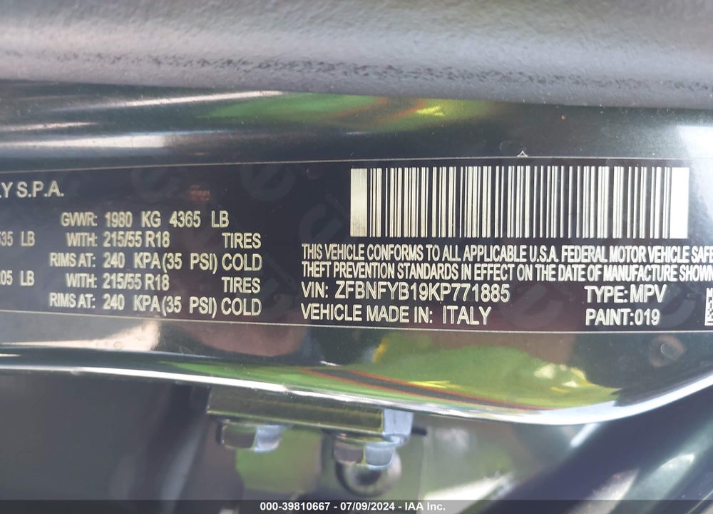 2019 FIAT 500X TREKKING AWD VIN: ZFBNFYB19KP771885
