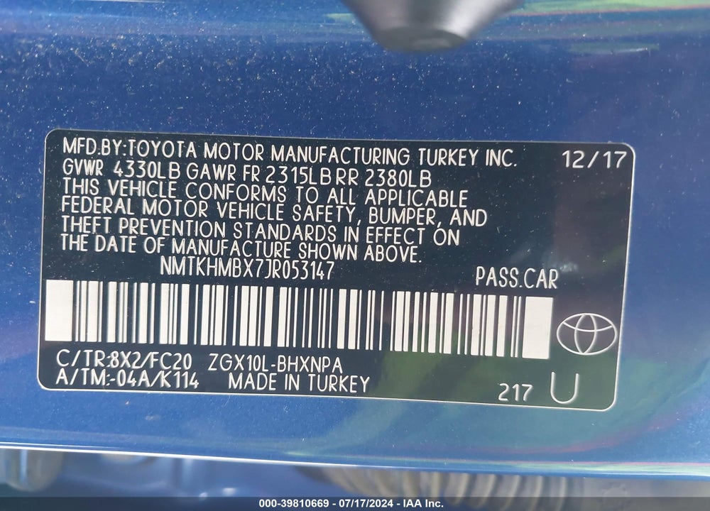 2018 TOYOTA C-HR XLE PREMIUM VIN: NMTKHMBX7JR053147