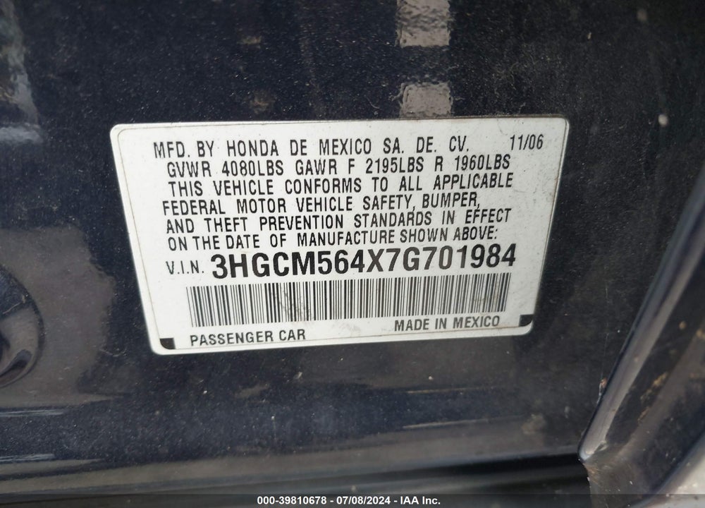 2007 HONDA ACCORD 2.4 LX VIN: 3HGCM564X7G701984