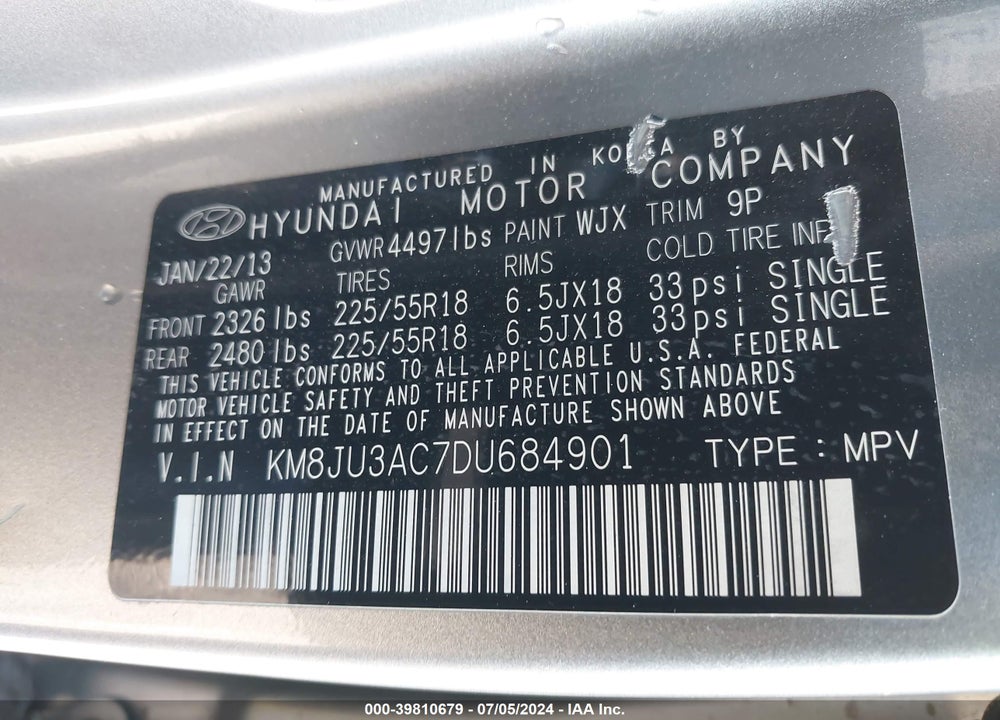 2013 HYUNDAI TUCSON LIMITED VIN: KM8JU3AC7DU684901