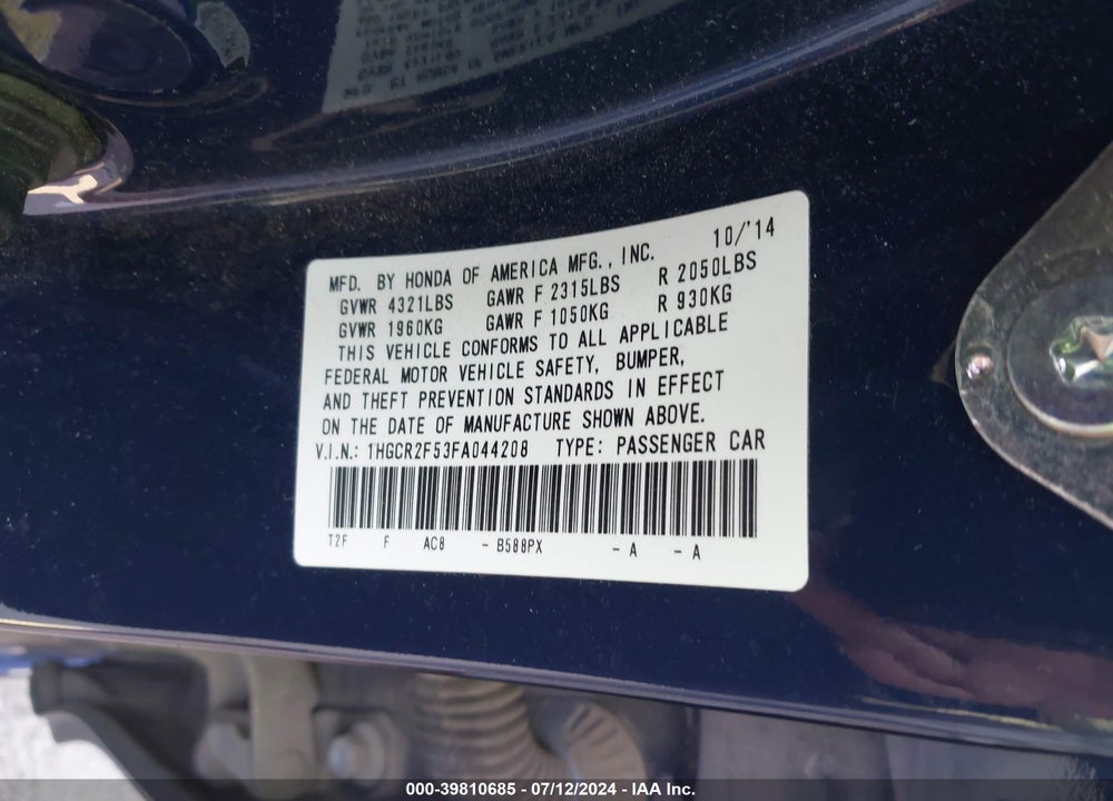 2015 HONDA ACCORD SPORT VIN: 1HGCR2F53FA044208