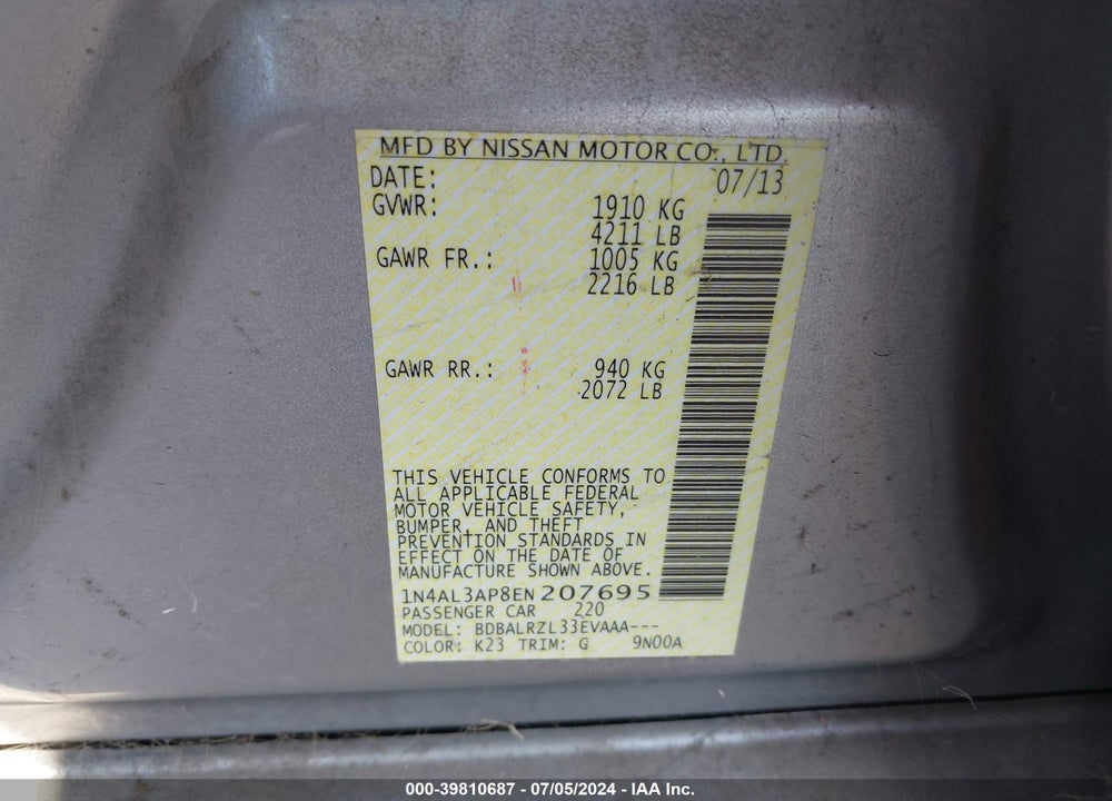 2014 NISSAN ALTIMA 2.5 S VIN: 1N4AL3AP8EN207695