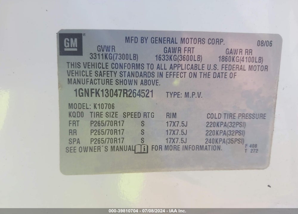 2007 CHEVROLET TAHOE LS VIN: 1GNFK13047R264521