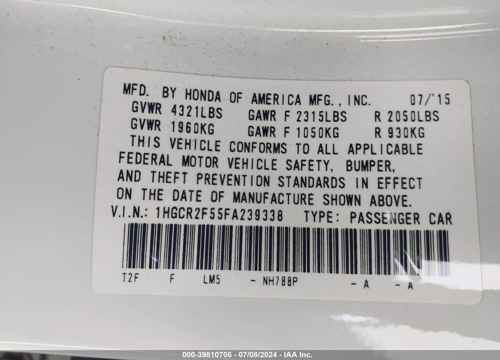 2015 HONDA ACCORD SPORT VIN: 1HGCR2F55FA239338