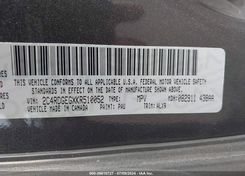 2019 DODGE GRAND CARAVAN GT VIN: 2C4RDGEGXKR510052