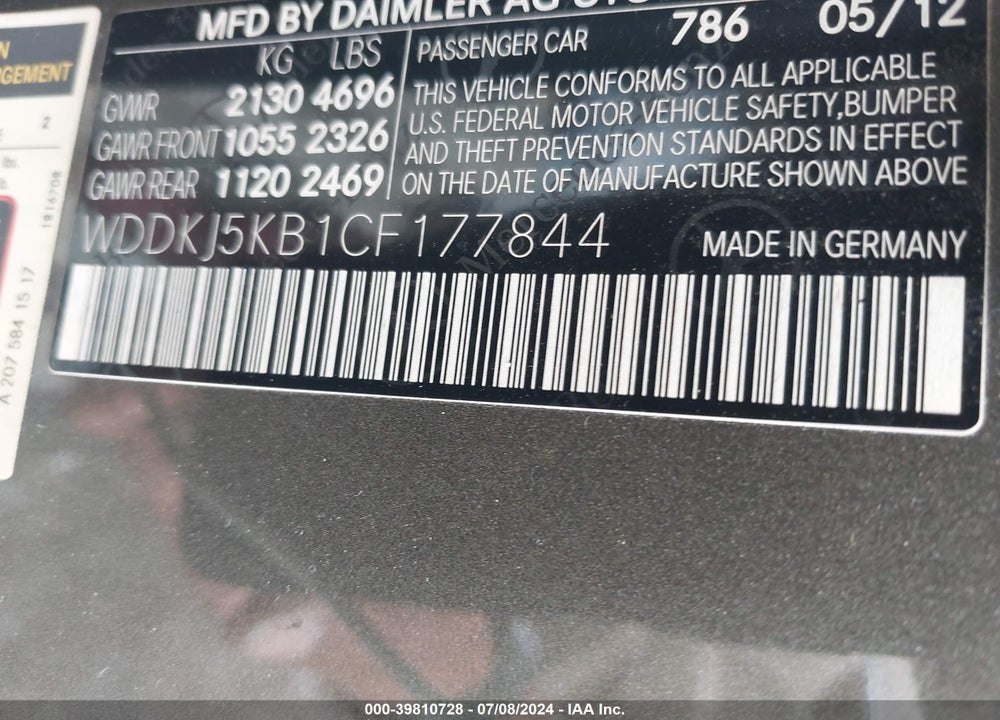 2012 MERCEDES-BENZ E 350 VIN: WDDKJ5KB1CF177844