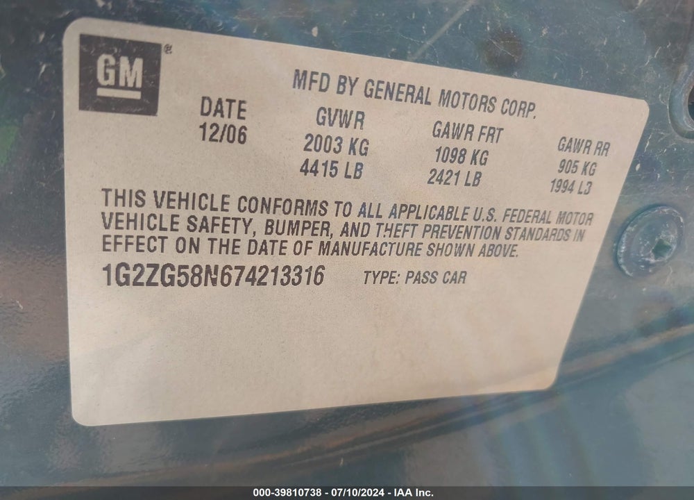 2007 PONTIAC G6 VIN: 1G2ZG58N674213316