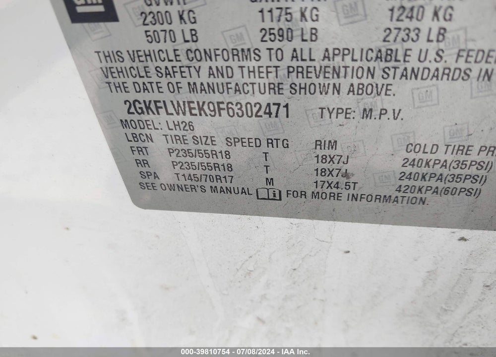 2015 GMC TERRAIN SLE-2 VIN: 2GKFLWEK9F6302471