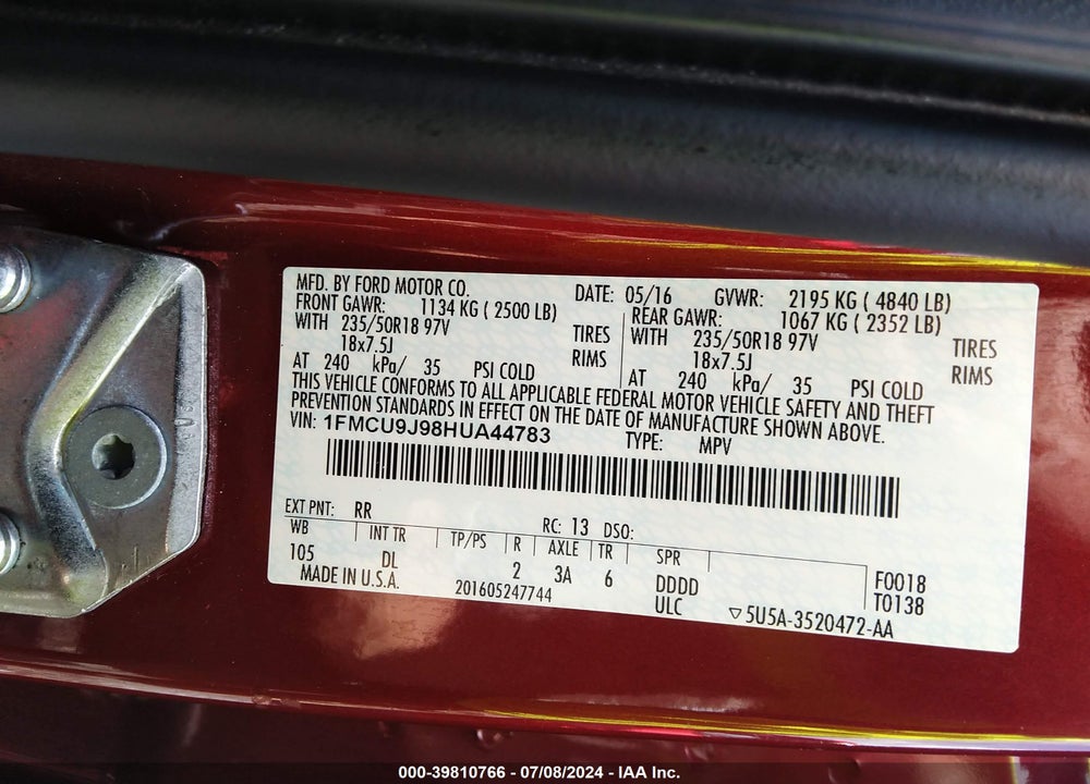 2017 FORD ESCAPE TITANIUM VIN: 1FMCU9J98HUA44783