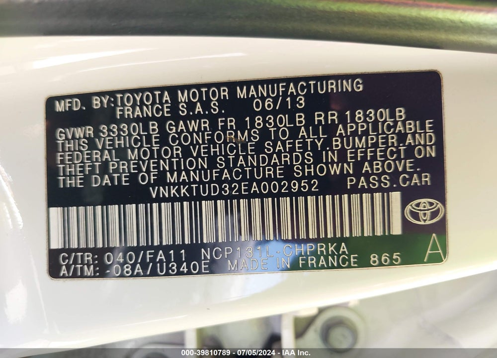 2014 TOYOTA YARIS L (TMMF PLANT) VIN: VNKKTUD32EA002952