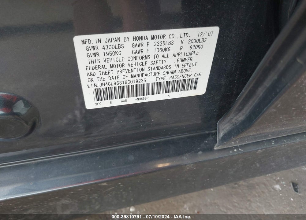 2008 ACURA TSX VIN: JH4CL96818C019235