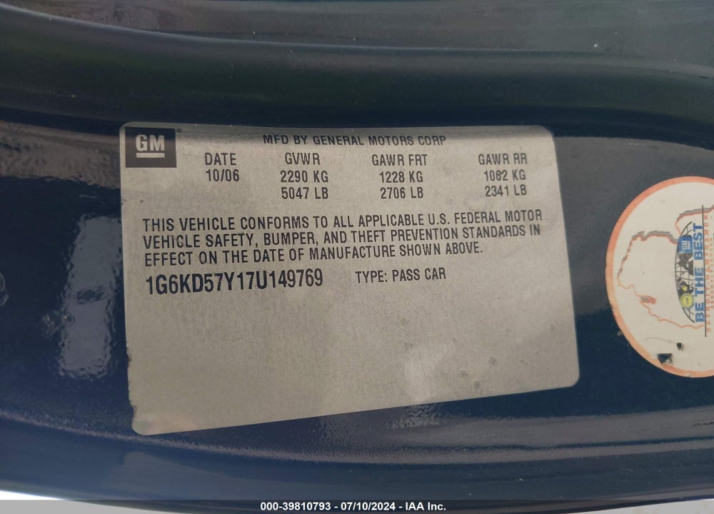 2007 CADILLAC DTS LUXURY I VIN: 1G6KD57Y17U149769