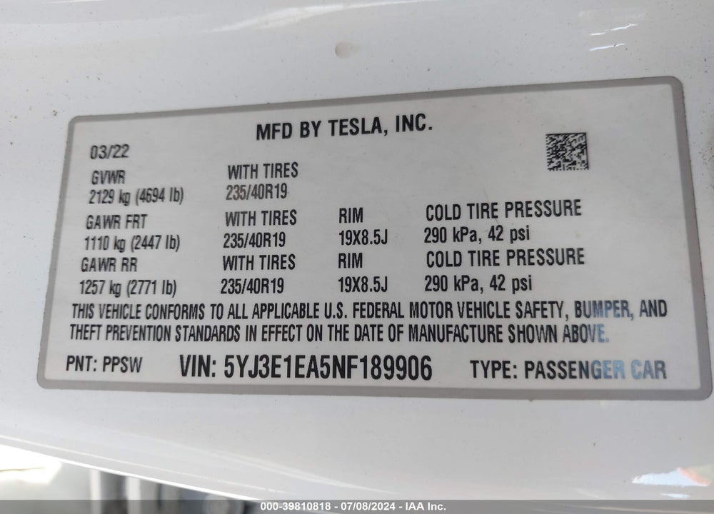 2022 TESLA MODEL 3 REAR-WHEEL DRIVE VIN: 5YJ3E1EA5NF189906