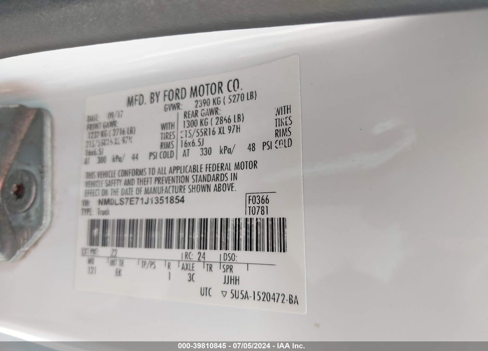 2018 FORD TRANSIT CONNECT XL VIN: NM0LS7E71J1351854