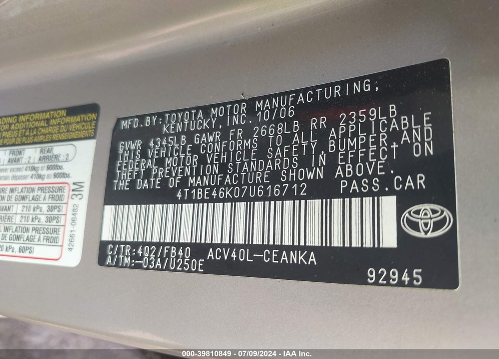 2007 TOYOTA CAMRY LE VIN: 4T1BE46K07U616712