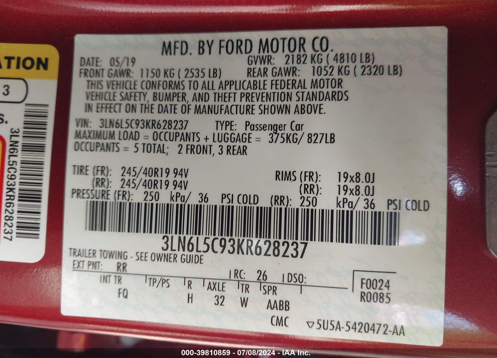 2019 LINCOLN MKZ RESERVE I VIN: 3LN6L5C93KR628237