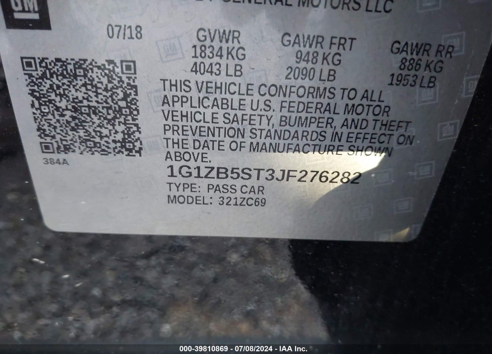 2018 CHEVROLET MALIBU 1LS VIN: 1G1ZB5ST3JF276282