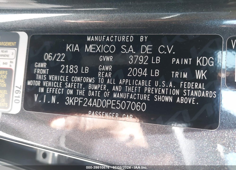 2023 KIA FORTE LXS VIN: 3KPF24AD0PE507060