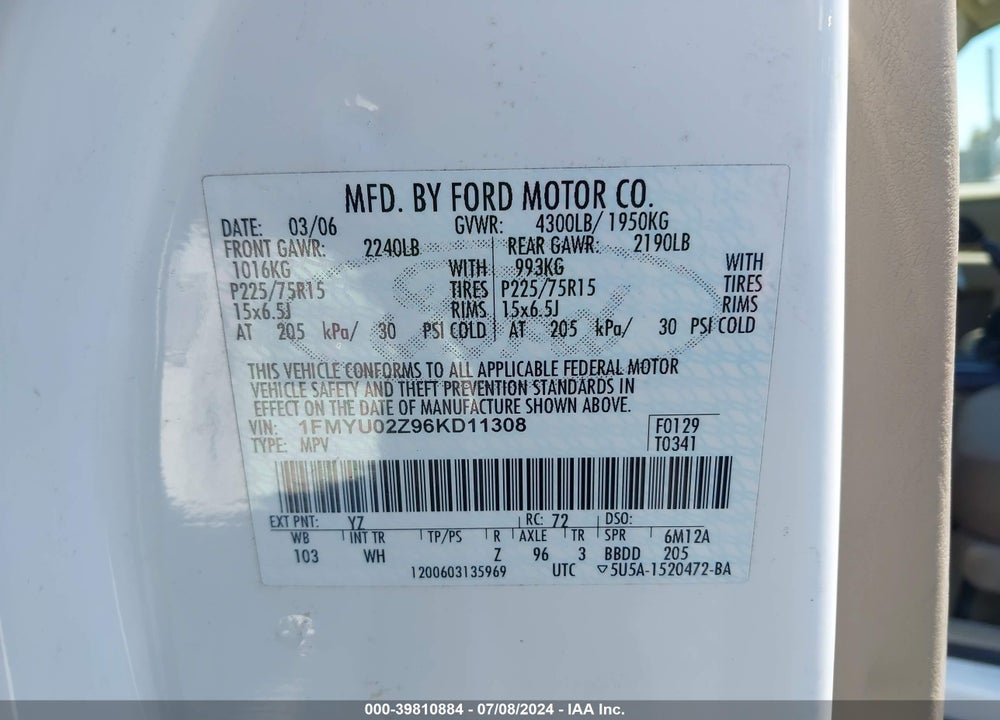 2006 FORD ESCAPE XLS/XLS MANUAL VIN: 1FMYU02Z96KD11308