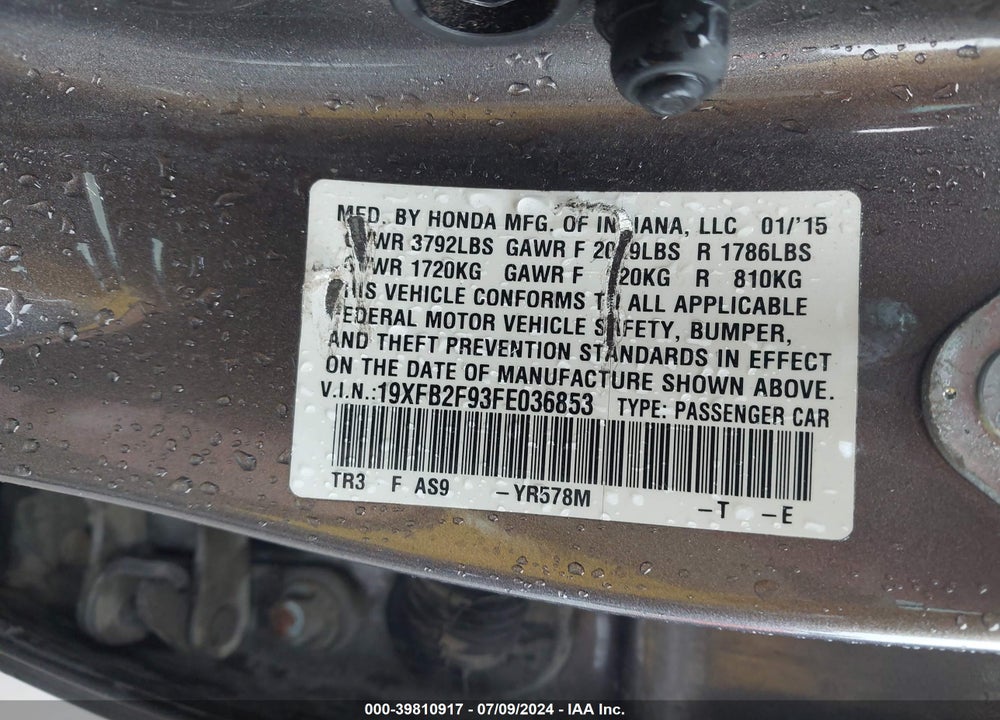 2015 HONDA CIVIC EX-L VIN: 19XFB2F93FE036853