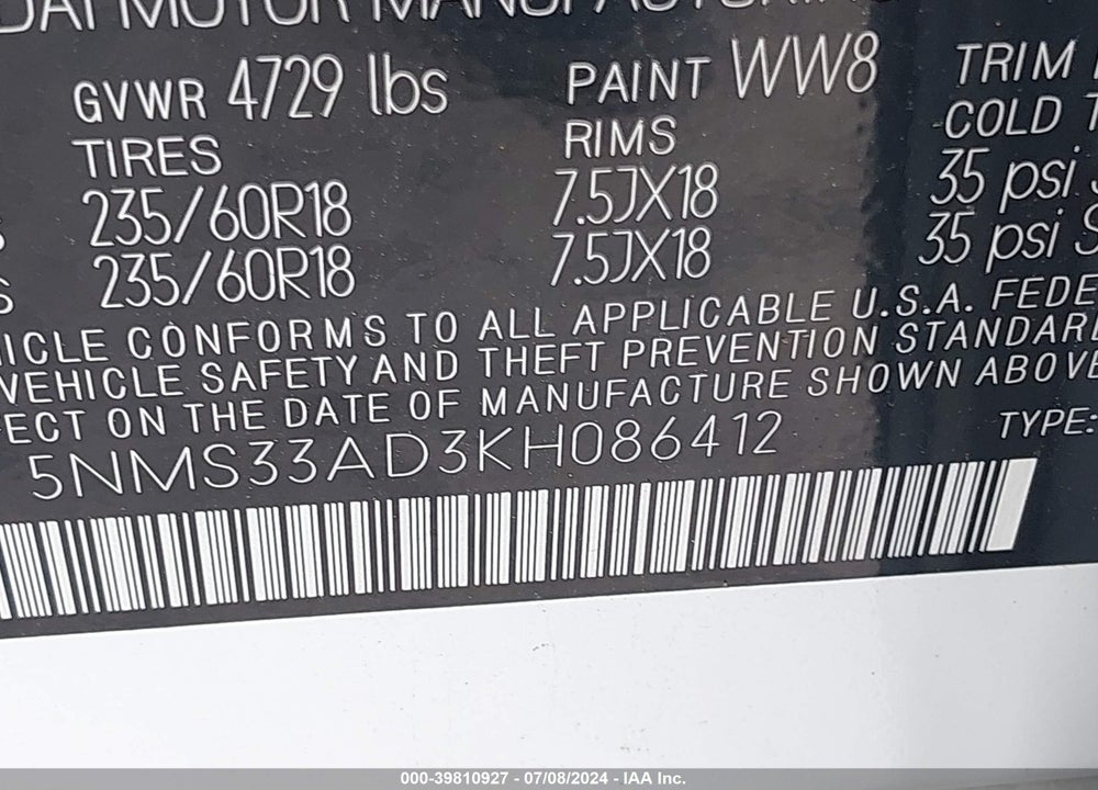 2019 HYUNDAI SANTA FE SEL PLUS VIN: 5NMS33AD3KH086412