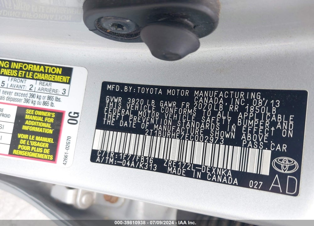 2014 TOYOTA COROLLA VIN: 2T1BURHE7EC002973