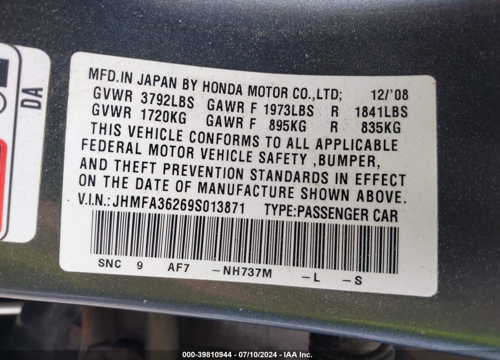 2009 HONDA CIVIC HYBRID VIN: JHMFA36269S013871